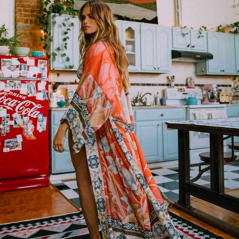 veste kimono fleuri rouge