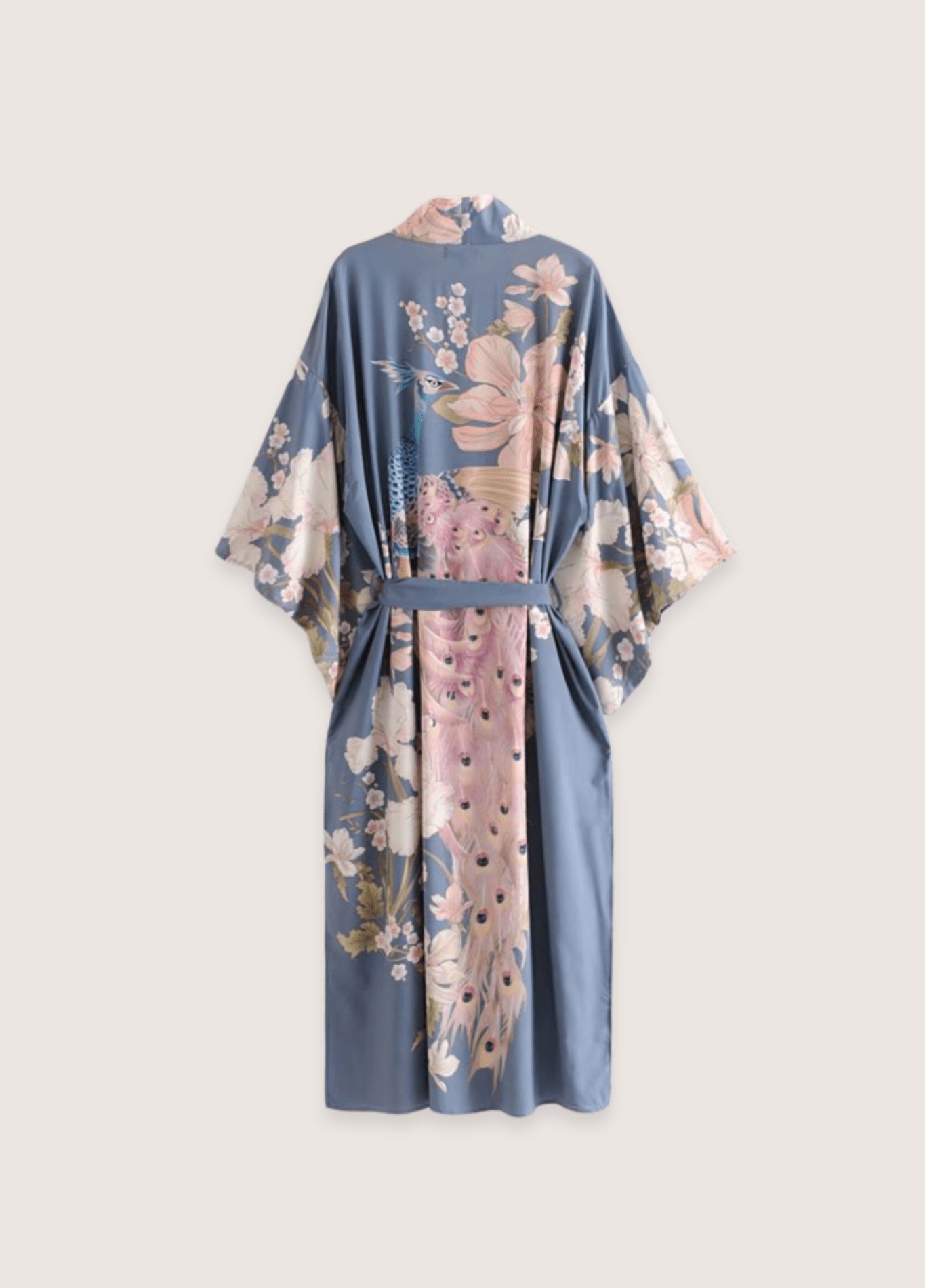 kimono fleuri bleu pâle avec motif de paon