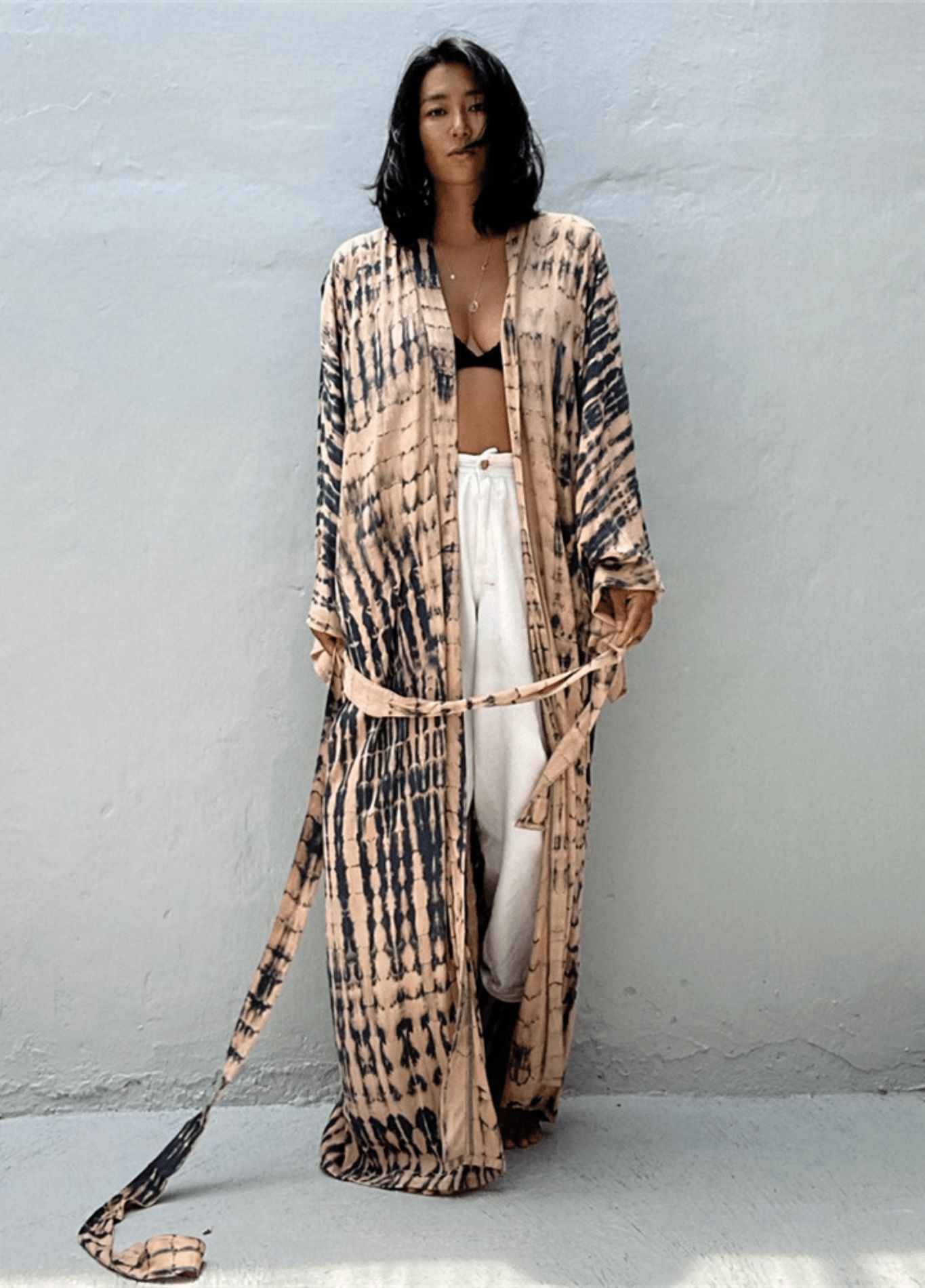 kimono tie dye beige et rose avec ceinture
