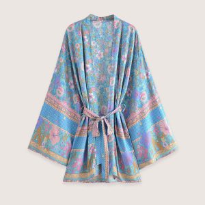 kimono court fleuri bleu et rose