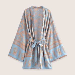 kimono court fleuri bleu gris et rosé