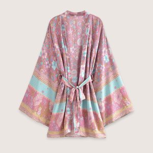 kimono court fleuri rose et bleu
