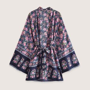 kimono court fleuri rose et bleu nuit