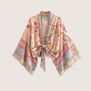 kimono court fleuri rose pâle