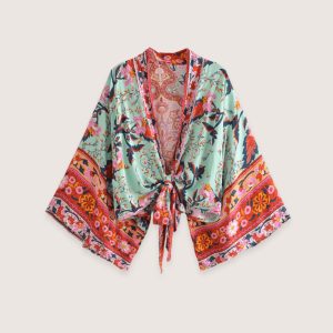 kimono court fleuri vert grisé