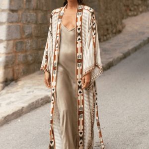 kimono long beige à motif géométrique tribal