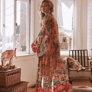 kimono long cuivre à motif fleuri
