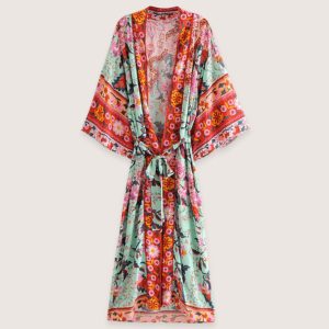 kimono long fleuri vert grisé