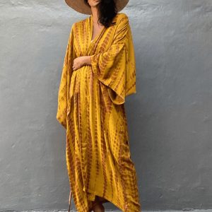 kimono long jaune à imprimé tie dye avec ceinture