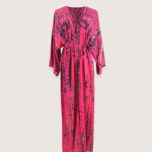 kimono long rose fuchsia à imprimé Tie Dye