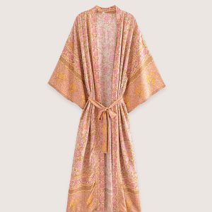 kimono long rose saumon à motif fleuri