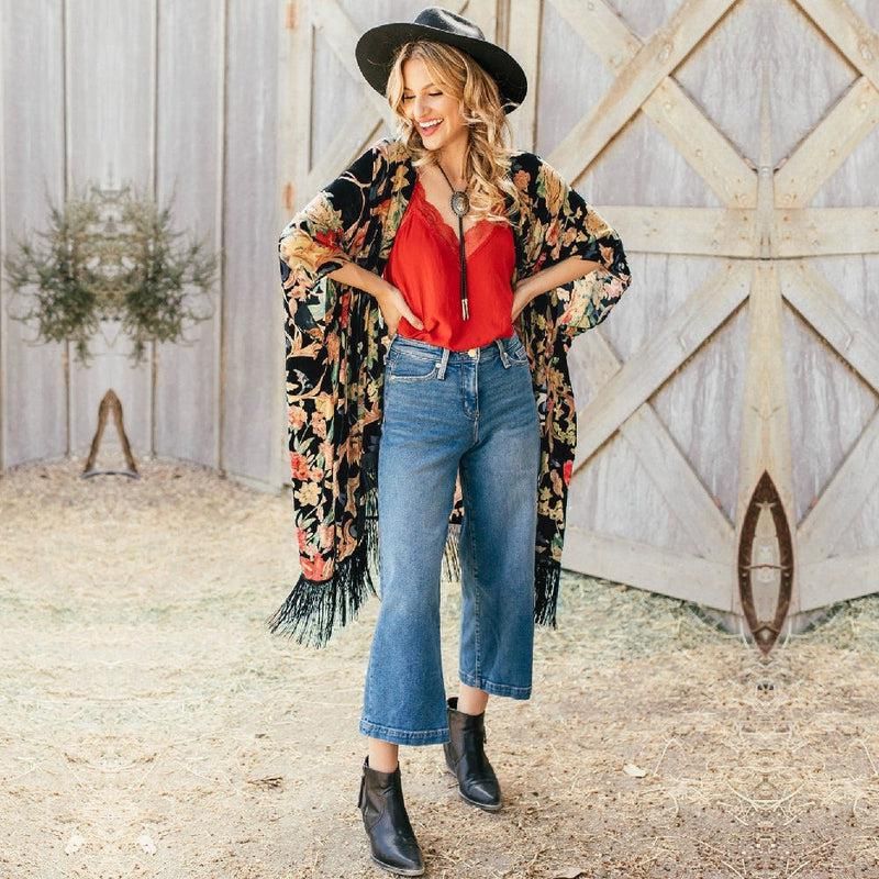kimono mi long à imprimé floral noir