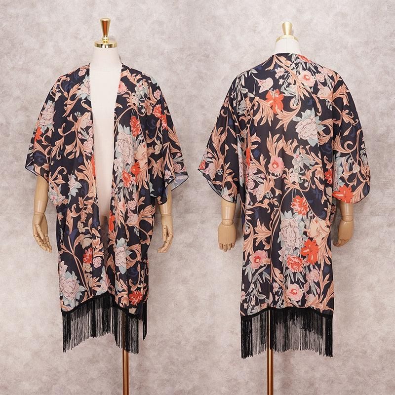 kimono noir fleuri pour femme
