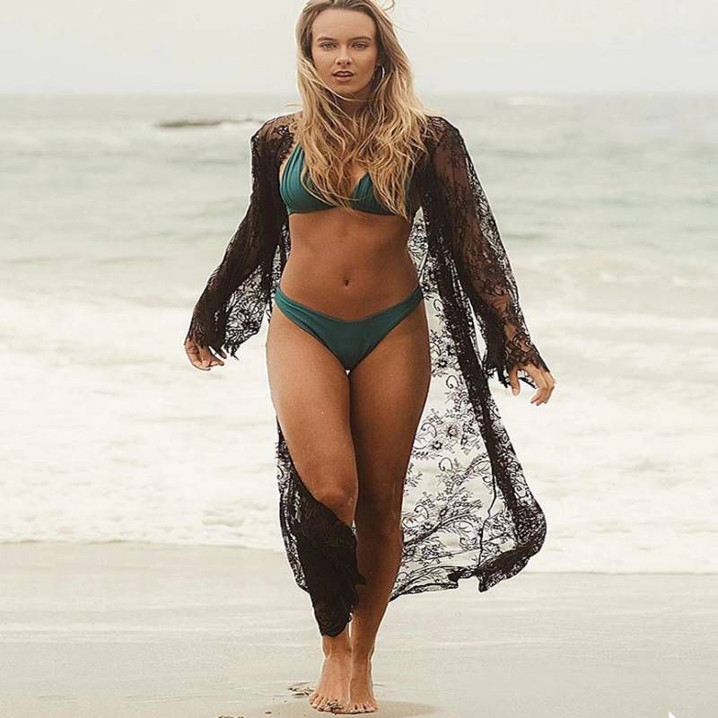 kimono plage dentelle noir long