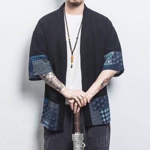 kimono veste bleu fleurs