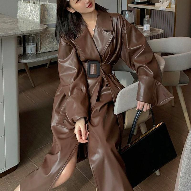 manteau en cuir marron pour femme