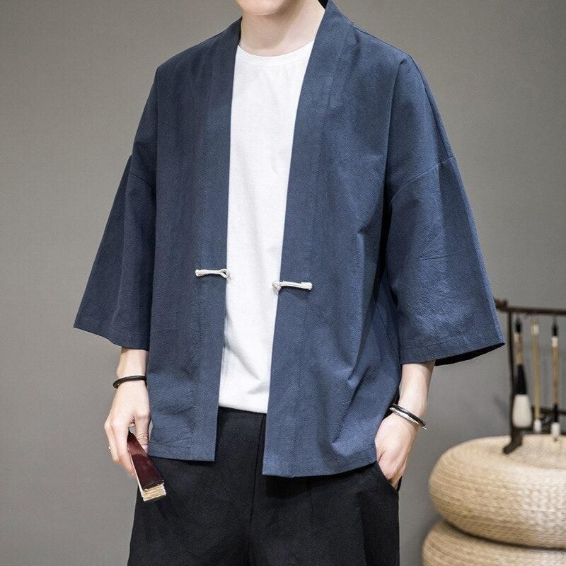 veste homme style kimono bleu marine
