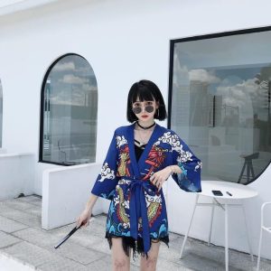 veste kimono japonais bleu marine
