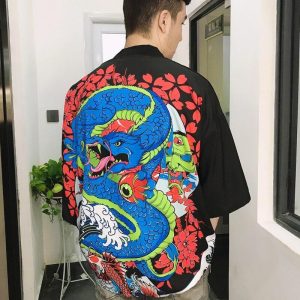 veste kimono japonais dragon bleu