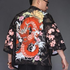veste kimono japonais dragon rouge
