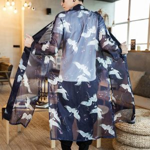 veste kimono japonais transparente grues