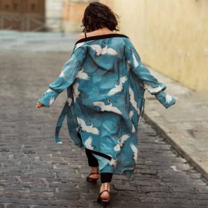 veste kimono long japonais bleu
