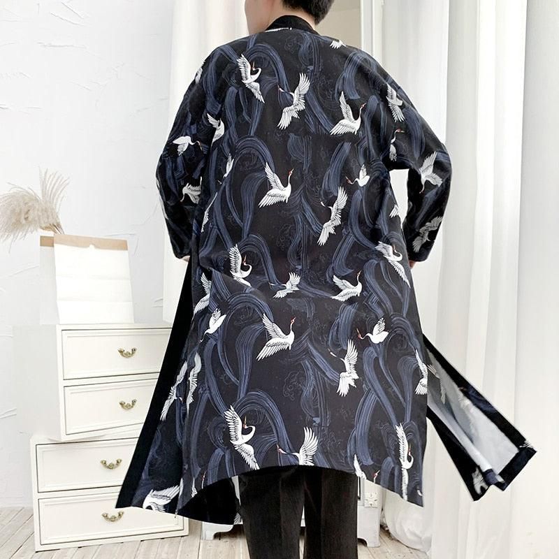 veste longue kimono grues blanches
