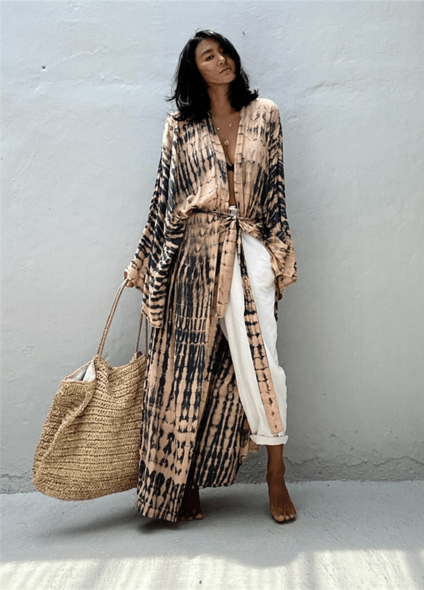 vêtement kimono long beige rosé avec ceinture