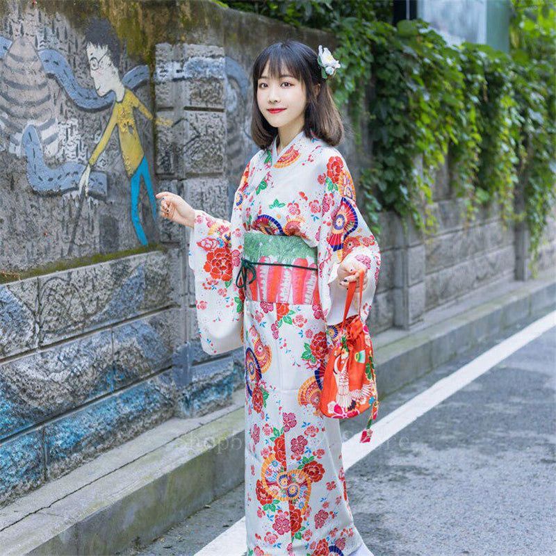 kimono femme blanc fleuri